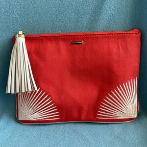Melissa Odabash Canvas and Leather Embroidered Clutch Zipper Pouch in Coral Red